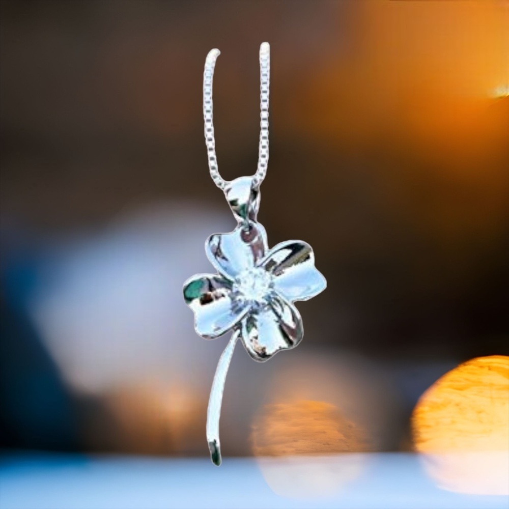 New Sterling Silver Four Leaf Clover Pendant, Cubic Zirconia